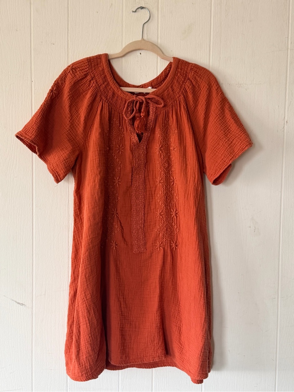 Lucky Brand Embroidered Cotton Gauze Trapeze Peasant Dress Rust Orange - Large